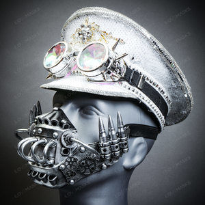 White Sequins Steampunk Captain Cap Kaleidoscope Goggle with Silver Mouth Mask